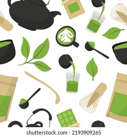 Seamless pattern with tea products made from matcha. Green matcha powder, whisk, bamboo spoon, teapot, drink, tea, tea leaves, chocolate. Hand drawn vector set. Colored trendy illustration flat style