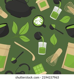 Seamless pattern with tea products made from matcha. Green matcha powder, whisk, bamboo spoon, teapot, drink, tea, tea leaves, chocolate. Hand drawn vector set. Colored trendy illustration flat style