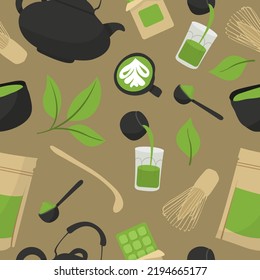 Seamless pattern with tea products made from matcha. Green matcha powder, whisk, bamboo spoon, teapot, drink, tea, tea leaves, chocolate. Hand drawn vector set. Colored trendy illustration flat style