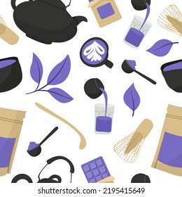 Seamless pattern with tea products made from matcha. Blue matcha powder, whisk, bamboo spoon, teapot, drink, tea, tea leaves, chocolate. Hand drawn vector set. Colored trendy illustration flat style