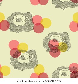 Seamless pattern tea and scarf on beige background. Abstract circle background. Hand drawing tea cup. Vector illustration tea cup. Tea card. Knitted scarf. Seamless pattern circle and tea. Retro tea. 