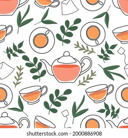 Seamless pattern tea set, afternoon tea party, a collection of elements of the tea ceremony, a bag, a cup and a lot of berries and twigs, fruit additives, herbal drink in a mug. Vector illustration