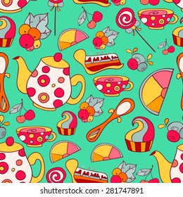 seamless pattern with a tea set. bright background with tea set.