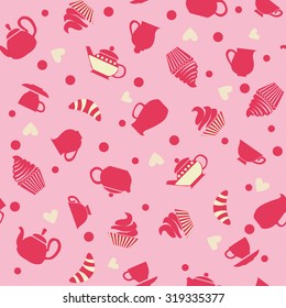 Seamless pattern of tea set and cupcakes - Illustration. cute background with cupcakes