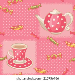 Seamless pattern with tea set. Pink dotted background and teapot, cup with sweets. Colorful vector illustration.