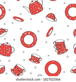 Seamless pattern with tea set. Red teapot, cups and saucers with white polka dots. Vector illustration on a white background.