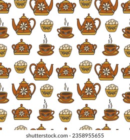 Seamless pattern with tea set. Red cups of tea with saucers, sugar bowl, teapot. Beautiful decorated service, vintage crockery. Colorful vector illustration hand drawn doodle. Print for fabric