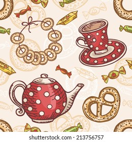 Seamless pattern with tea set. Retro style. Teapot and cup with baking. Tradition tea drinking. Colorful vector illustration.