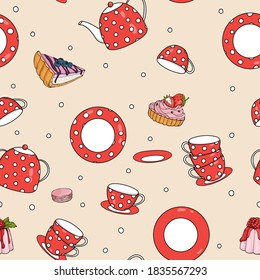 Seamless pattern with tea set and sweet pastries. Red teapot, cups and saucers with white polka dots. Vector illustration on a beige background.