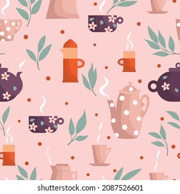 Seamless pattern with a tea set. Teapots and cups of different styles and sizes with tea leaves.
