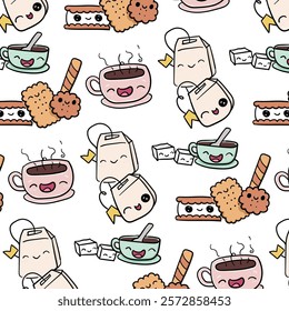 Seamless pattern with tea and sweets. Vector illustration. Cartoon style