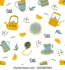 seamless pattern with tea, teapot, lemon, cups for kitchen design, wallpaper, towels, tablecloths, textiles, bed linen, potholders, kitchen utensils, notebooks and notebooks