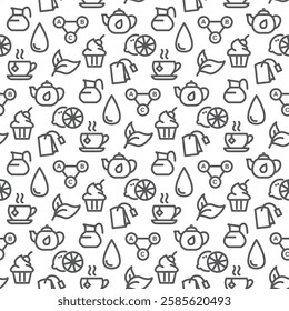 Seamless pattern with tea, teapot, teabag. Outline icons set. Line stroke set of tea icons, texture pattern. Wallpaper template. Editable objects isolated on white background. flat vector illustration