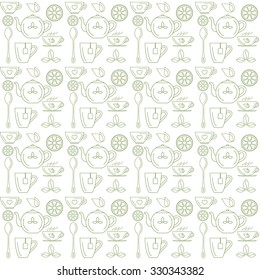 Seamless pattern with tea theme. Vector illustration. Elements and icons in trendy linear style.