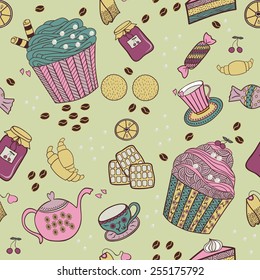 Seamless pattern with tea things and sweets.Hands painted cute doodle pattern.Vector illustration.