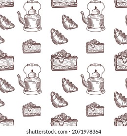 Seamless pattern with tea time elements - a piece of cake, a kettle and croissants. Vector illustration in doodle style. Perfect for bakery designs, wrapping paper