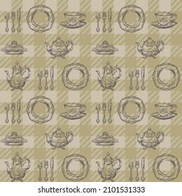 Seamless pattern with tea time objects. Tea cup and silver tableware. Vector illustration.