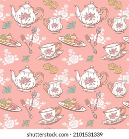Seamless pattern with tea time objects. Tools and pastries. Vector illustration.