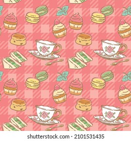 Seamless pattern with tea time objects. Tea cups and pastries. Vector illustration.