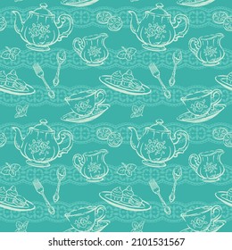 Seamless pattern with tea time objects. Tools and pastries. Vector illustration.