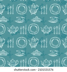 Seamless pattern with tea time objects. Tea cup and silver tableware. Vector illustration.