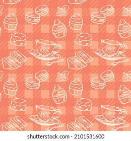 Seamless pattern with tea time objects. Tea cups and pastries. Vector illustration.