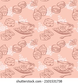 Seamless pattern with tea time objects. Tea cups and pastries. Vector illustration.