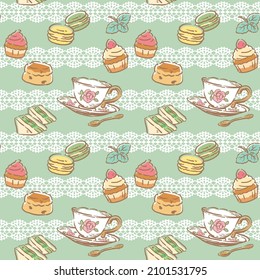 Seamless pattern with tea time objects. Tea cups and pastries. Vector illustration.