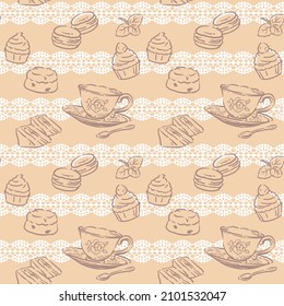 Seamless pattern with tea time objects. Tea cups and pastries. Vector illustration.