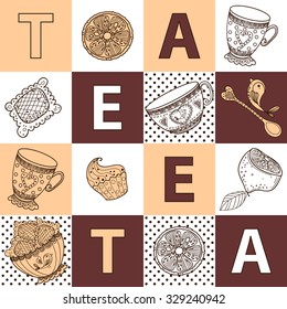 seamless pattern from tea time still life set  sketch  doodle  hand draw  vector illustration