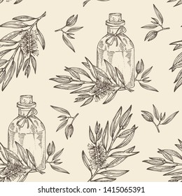 Seamless pattern with tea tree and bottle of essential oil. Cosmetic, perfumery and medical plant. Vector hand drawn illustration