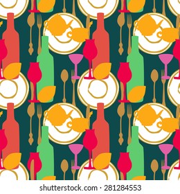 Seamless pattern with tea utensils,cutlery and wine glasses on  black background