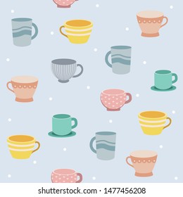 The seamless pattern of teacup on blue background and white polkadot 
 in flat vector style. Illustration for background, graphic,banner, sticker label and greeting card.