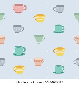 The seamless pattern of teacup on blue background and white polkadot in flat vector style. Illustration for background, banner