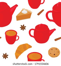 Seamless pattern teacup teapot pyrpog croissant cookies cinnamon vector illustration