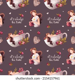 Seamless pattern with teacups and beautiful women. Tea shop, cafe-bar, tea lover, tea party, beverages concept. Perfect for product design, scrapbooking, textile, wrapping.