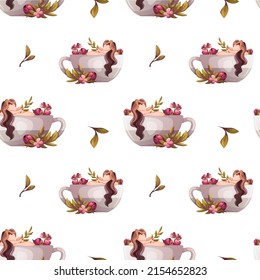 Seamless pattern with teacups and beautiful women. Tea shop, cafe-bar, tea lover, tea party, beverages concept. Perfect for product design, scrapbooking, textile, wrapping.
