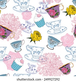 Seamless pattern with teacups, chrysanthemum ,roses and cupcakes-hand draw vector illustration