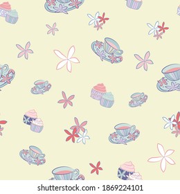 Seamless pattern of teacups and cupcakes in pale yellow background.  It represents afternoon tea with warm relaxing sunlight.