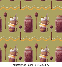 Seamless pattern with teacups and jar of loose tea. Tea shop, cafe-bar, kitchen concept. Perfect for product design, scrapbooking, textile, wrapping.
