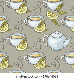 Seamless pattern with teacups, lemon and teapots, vector illustration