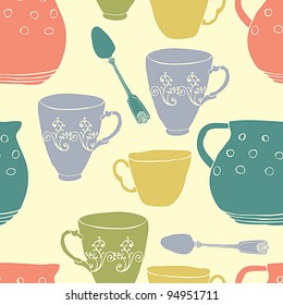 Seamless pattern with teacups and pitchers