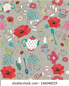 Seamless pattern with teacups, teapots, birds and flowers