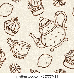 Seamless pattern with teacups, teapots, cakes and lemons - vector