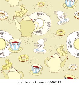 Seamless pattern with teacups, teapots, cakes and plats