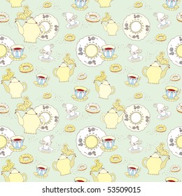 Seamless pattern with teacups, teapots, cakes and plats