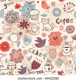 Seamless pattern with teacups, teapots, cakes and flowers