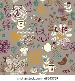 Seamless pattern with teacups, teapots, cakes and flowers