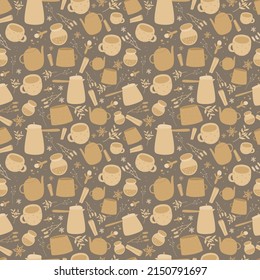 Сute Seamless pattern with teacups, teapots. Coffee seamless pattern of coffee cups, makers for cafeteria design