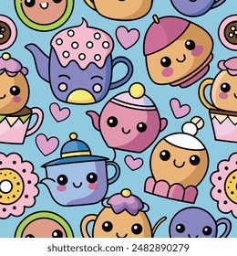 Seamless pattern of teacups, teapots, donuts and small hearts on a bright blue background. Perfect for topics related to patterns, children’s illustrations, playful designs and gift wrapping.